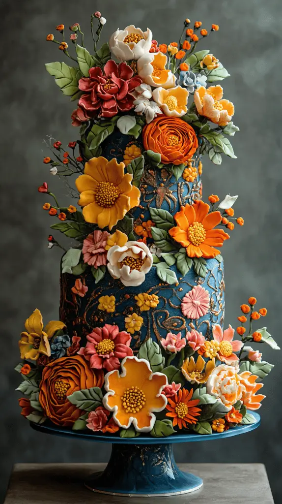 A Frida Kahlo-inspired Mexican wedding cake featuring vibrant, bold floral decorations reminiscent of Kahlo’s art, such as roses, marigolds, and orchids.