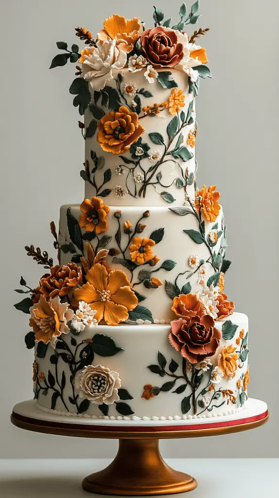 A Frida Kahlo-inspired Mexican wedding cake featuring vibrant,bold floral decorations reminiscent of Kahlo’s art,such as roses,marigolds,and orchids.
