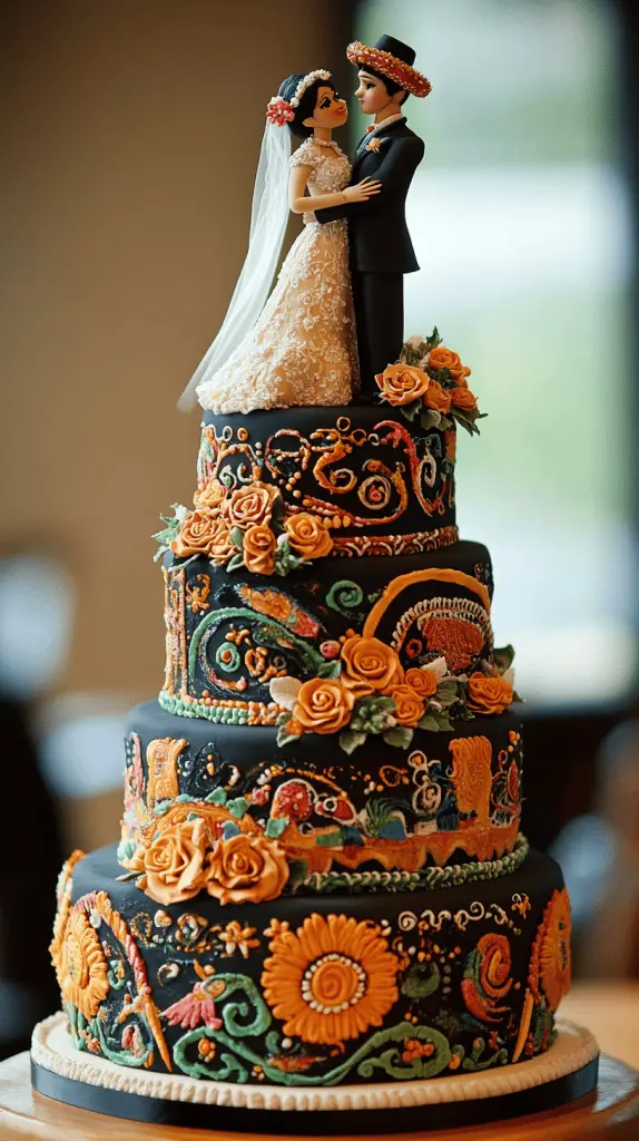 A Mexican wedding cake inspired by traditional Mexican embroidery, featuring vivid colors and intricate icing work.