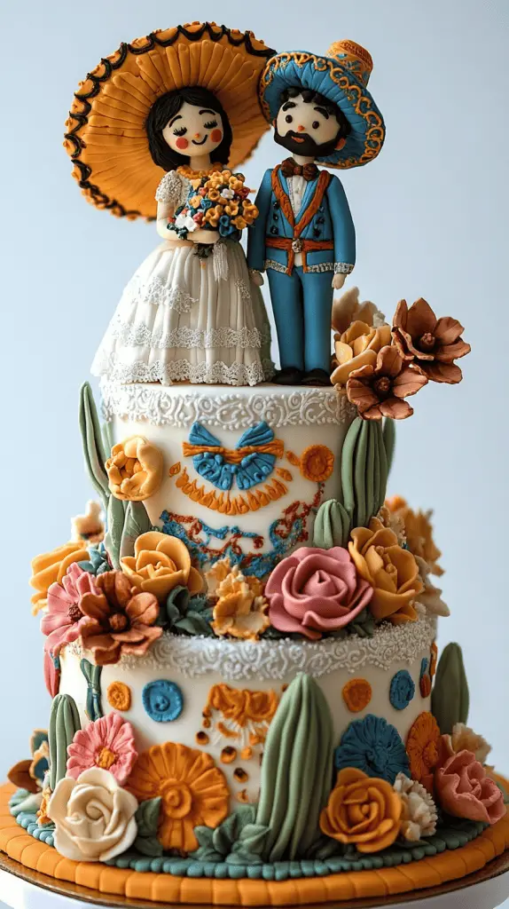 A Mexican wedding cake inspired by traditional Mexican embroidery,featuring vivid colors and intricate icing work.