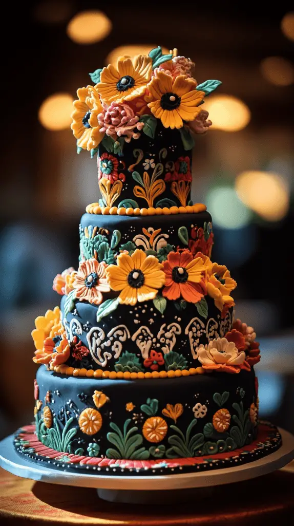 A Mexican wedding cake inspired by traditional Mexican embroidery, featuring vivid colors and intricate icing work.