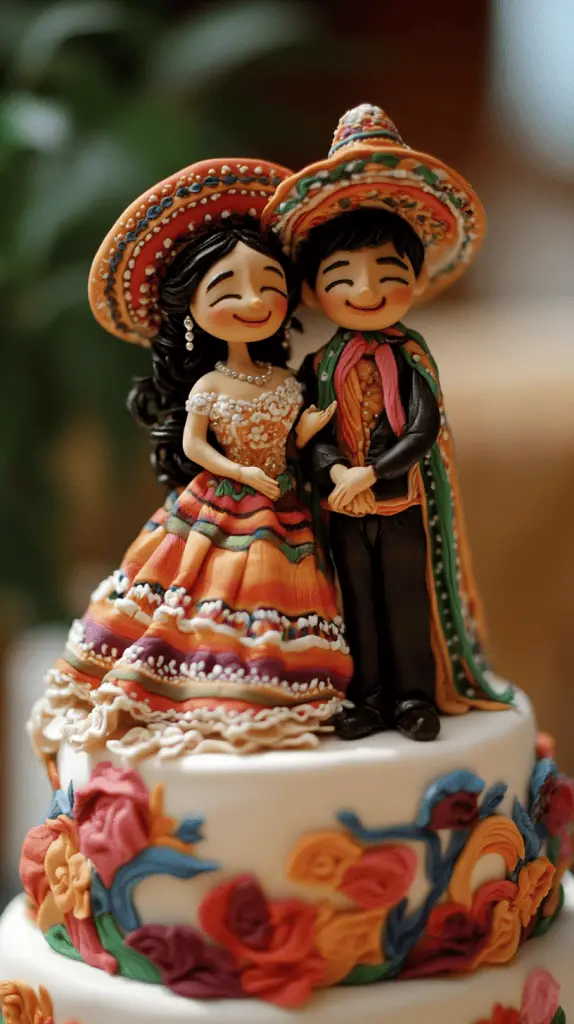 A Mexican wedding cake inspired by traditional mexican embroidery, featuring vivid colors and intricate icing work.