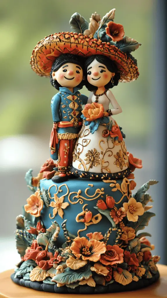 A Mexican wedding cake inspired by traditional Mexican embroidery, featuring vivid colors and intricate icing work.