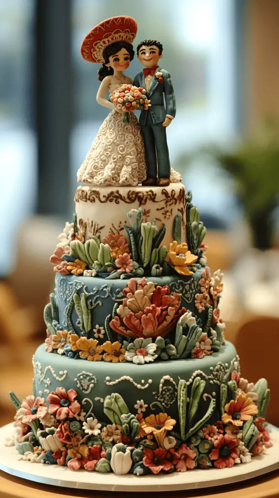 A Mexican wedding cake inspired by traditional mexican embroidery, featuring vivid colors and intricate icing work.