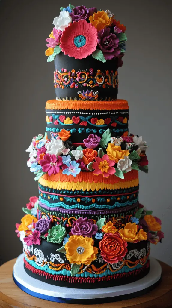 A Mexican wedding cake inspired by traditional Mexican embroidery, featuring vivid colors and intricate icing work.