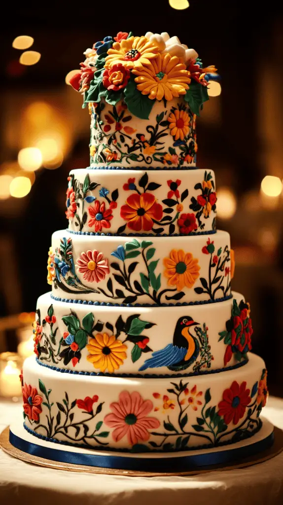 A Mexican wedding cake inspired by traditional Mexican embroidery,featuring vivid colors and intricate icing work.