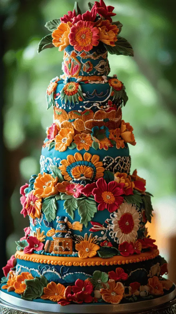 A Mexican wedding cake inspired by traditional Mexican embroidery, featuring vivid colors and intricate icing work.