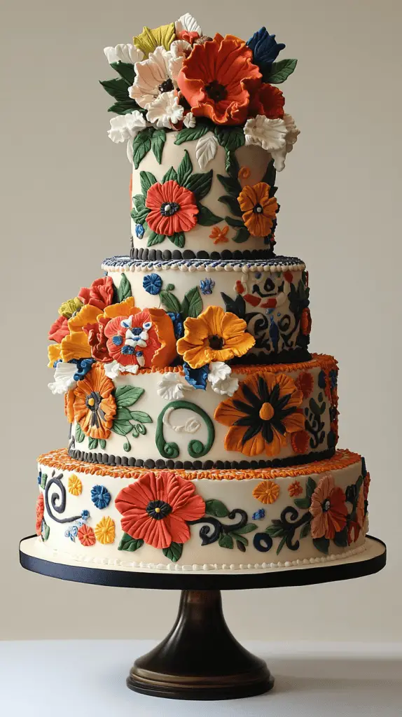 A Mexican wedding cake inspired by traditional Mexican embroidery, featuring vivid colors and intricate icing work.