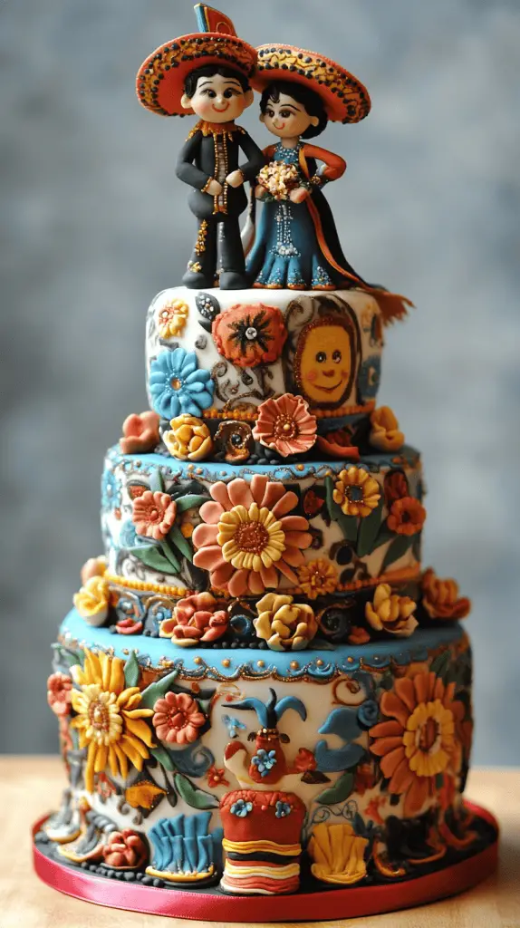 A Mexican wedding cake inspired by traditional Mexican embroidery, featuring vivid colors and intricate icing work.