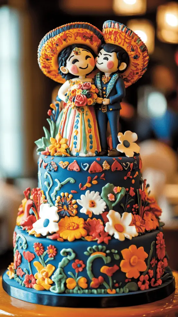 A Mexican wedding cake inspired by traditional Mexican embroidery, featuring vivid colors and intricate icing work.