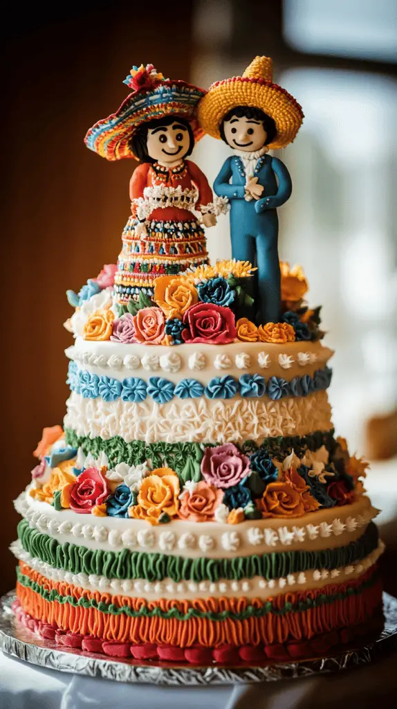 A Mexican wedding cake inspired by traditional Mexican embroidery, featuring vivid colors and intricate icing work.