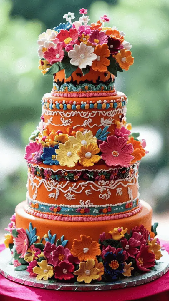 A Mexican wedding cake inspired by traditional Mexican embroidery, featuring vivid colors and intricate icing work.