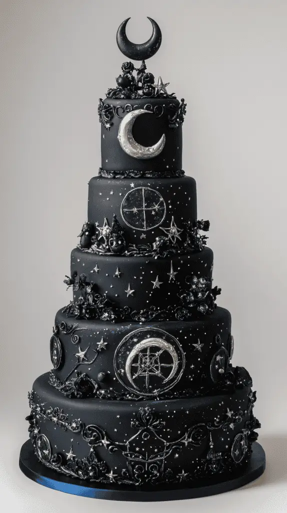 Discover the Celestial Gothic wedding cake, featuring deep black and midnight blue fondant adorned with silver stars, moons, and astrological symbols. Each tier captures a galaxy-inspired look with constellations and a subtle sparkle, creating an enchanting, otherworldly vibe perfect for a starlit gothic wedding.