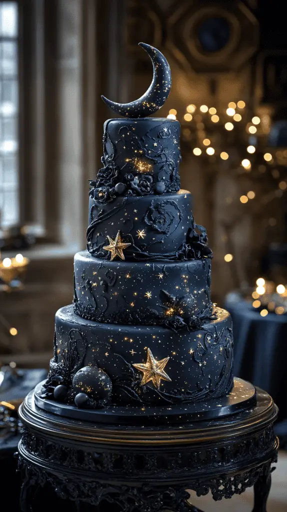 Discover the Celestial Gothic wedding cake,featuring deep black and midnight blue fondant adorned with silver stars,moons,and astrological symbols. Each tier captures a galaxy-inspired look with constellations and a subtle sparkle, creating an enchanting, otherworldly vibe perfect for a starlit gothic wedding.