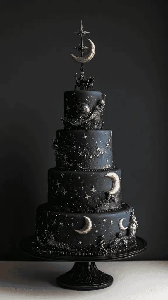 Discover the Celestial Gothic wedding cake, featuring deep black and midnight blue fondant adorned with silver stars, moons, and astrological symbols. Each tier captures a galaxy-inspired look with constellations and a subtle sparkle, creating an enchanting, otherworldly vibe perfect for a starlit gothic wedding.