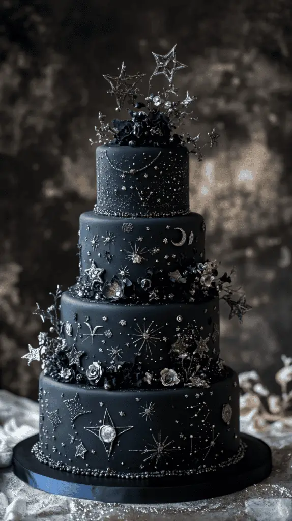 Discover the Celestial Gothic wedding cake, featuring deep black and midnight blue fondant adorned with silver stars, moons, and astrological symbols. Each tier captures a galaxy-inspired look with constellations and a subtle sparkle, creating an enchanting, otherworldly vibe perfect for a starlit gothic wedding.