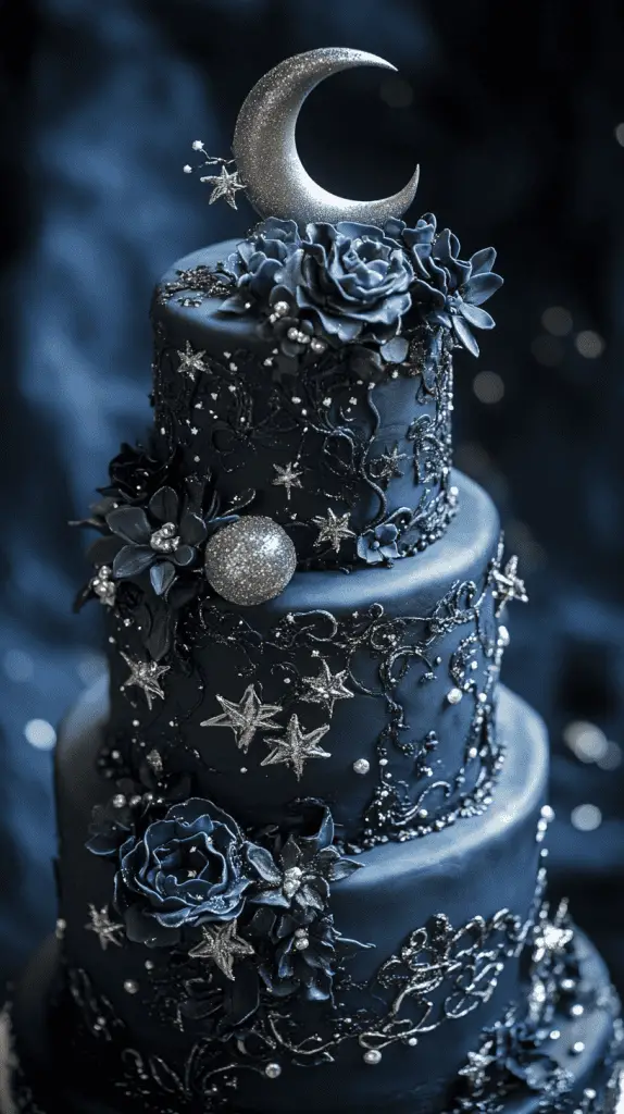 Discover the Celestial Gothic wedding cake, featuring deep black and midnight blue fondant adorned with silver stars, moons, and astrological symbols. Each tier captures a galaxy-inspired look with constellations and a subtle sparkle, creating an enchanting, otherworldly vibe perfect for a starlit gothic wedding.
