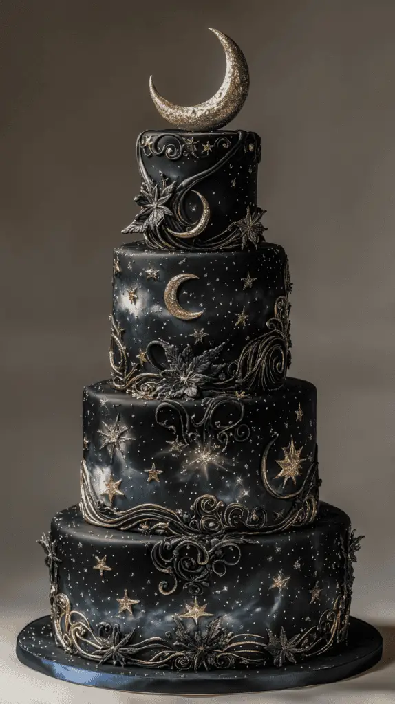 Discover the Celestial Gothic wedding cake, featuring deep black and midnight blue fondant adorned with silver stars, moons, and astrological symbols. Each tier captures a galaxy-inspired look with constellations and a subtle sparkle, creating an enchanting, otherworldly vibe perfect for a starlit gothic wedding.