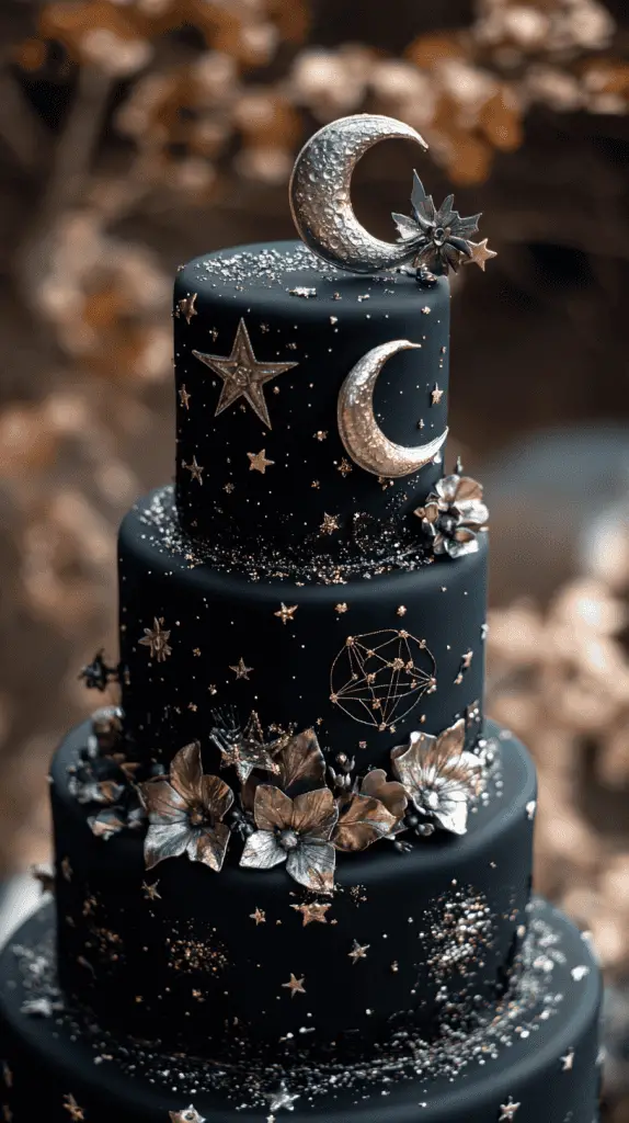 Discover the Celestial Gothic wedding cake, featuring deep black and midnight blue fondant adorned with silver stars, moons, and astrological symbols. Each tier captures a galaxy-inspired look with constellations and a subtle sparkle, creating an enchanting, otherworldly vibe perfect for a starlit gothic wedding.