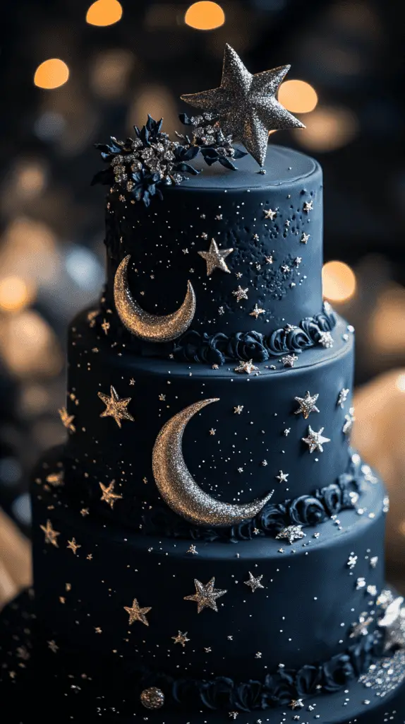 Discover the celestial Gothic wedding cake, featuring deep black and midnight blue fondant adorned with silver stars, moons, and astrological symbols. each tier captures a galaxy-inspired look with constellations and a subtle sparkle, creating an enchanting, otherworldly vibe perfect for a starlit gothic wedding.