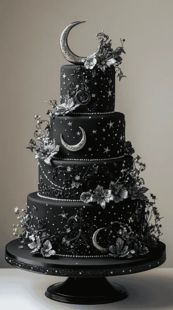 Discover the Celestial Gothic wedding cake, featuring deep black and midnight blue fondant adorned with silver stars, moons, and astrological symbols. Each tier captures a galaxy-inspired look with constellations and a subtle sparkle, creating an enchanting, otherworldly vibe perfect for a starlit gothic wedding.