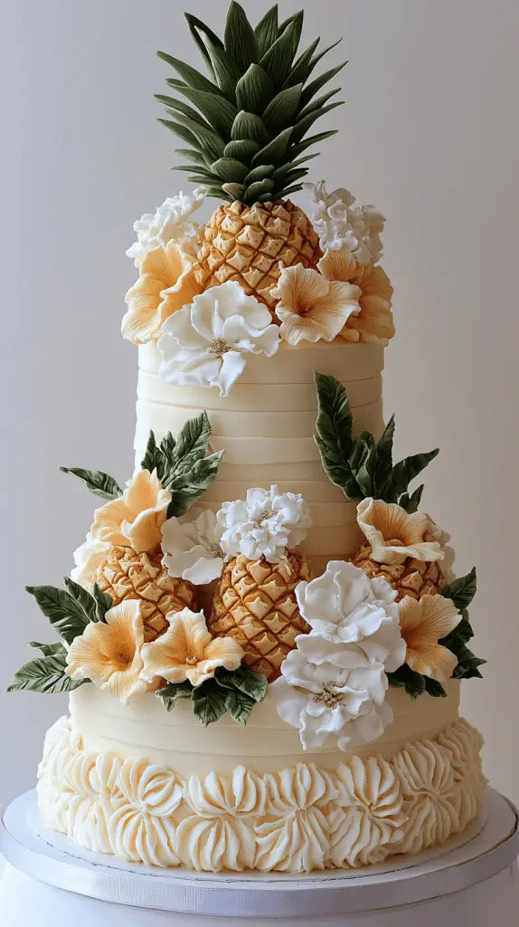 A chic wedding cake with pineapple motifs,including pineapple-shaped toppers and fresh or sugared pineapple slices.