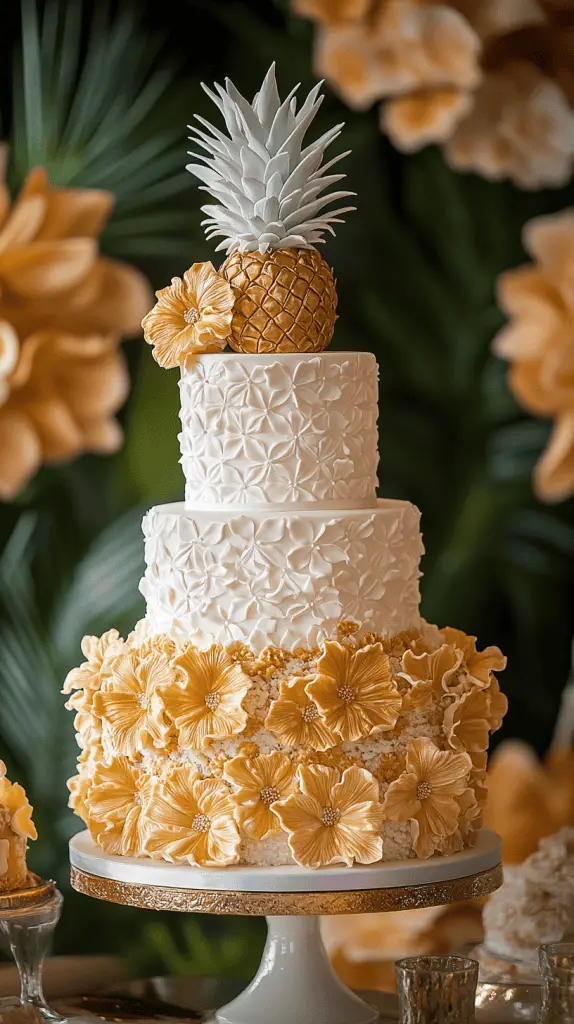 A chic wedding cake with pineapple motifs, including pineapple-shaped toppers and fresh or sugared pineapple slices.