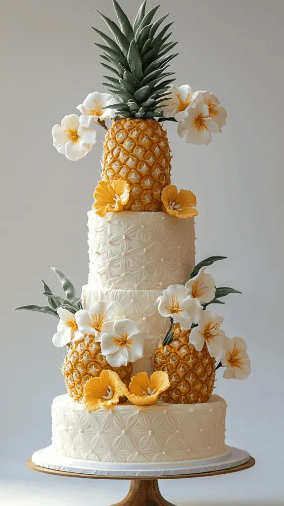 A chic wedding cake with pineapple motifs, including pineapple-shaped toppers and fresh or sugared pineapple slices.