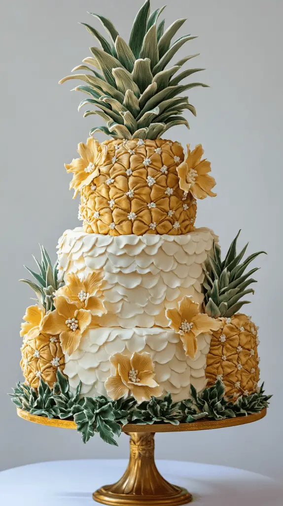 A chic wedding cake with pineapple motifs, including pineapple-shaped toppers and fresh or sugared pineapple slices.