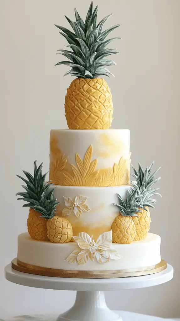 A chic wedding cake with pineapple motifs, including pineapple-shaped toppers and fresh or sugared pineapple slices.
