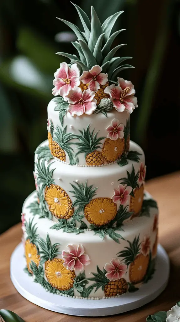 A chic wedding cake with pineapple motifs, including pineapple-shaped toppers and fresh or sugared pineapple slices.