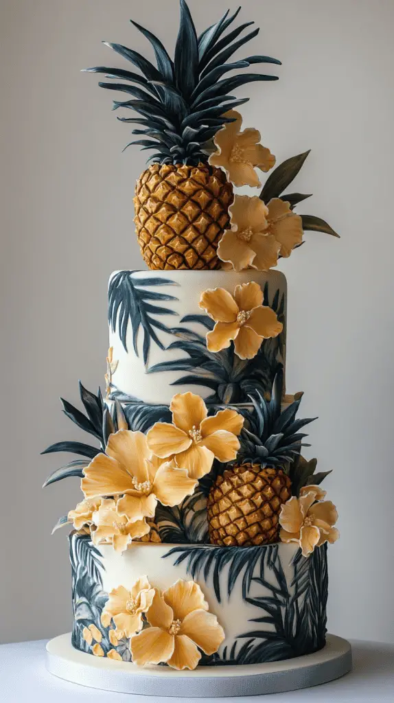 A chic wedding cake with pineapple motifs, including pineapple-shaped toppers and fresh or sugared pineapple slices.