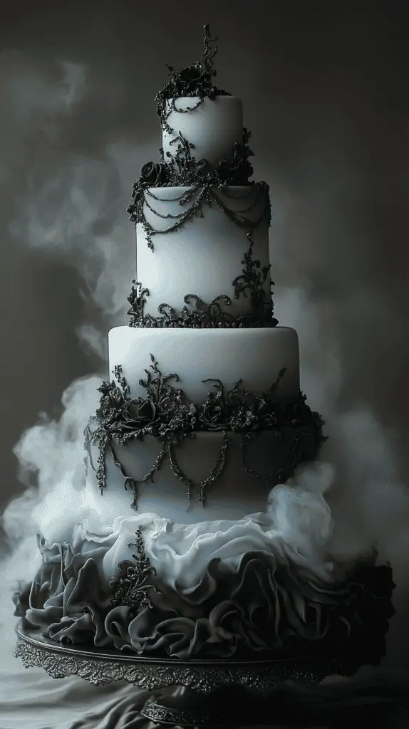 A realistic gothic wedding cake with an ethereal fog theme, featuring subtle smoky effects and misty grey tones.