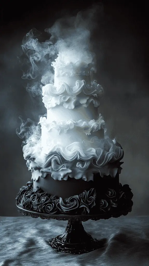 A realistic gothic wedding cake with an ethereal fog theme, featuring subtle smoky effects and misty grey tones.