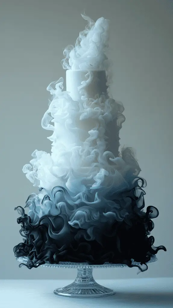 A realistic gothic wedding cake with an ethereal fog theme, featuring subtle smoky effects and misty grey tones.