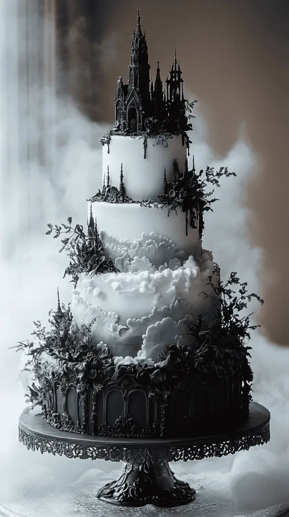 A realistic gothic wedding cake with an ethereal fog theme, featuring subtle smoky effects and misty grey tones.