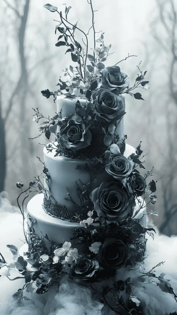 A realistic gothic wedding cake with an ethereal fog theme,featuring subtle smoky effects and misty grey tones.