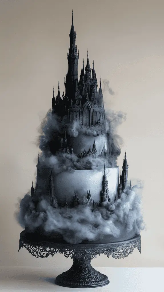 A realistic gothic wedding cake with an ethereal fog theme, featuring subtle smoky effects and misty grey tones.