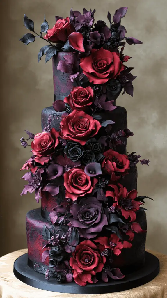 Discover the Moody Florals gothic wedding cake, featuring deep red, purple, and black blooms like cascading roses, dark calla lilies, and purple peonies. Set against sleek black fondant, this lush, romantic design brings an intense, moody elegance to gothic-inspired weddings.