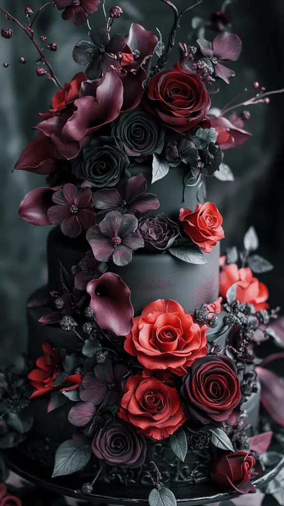 Discover the Moody Florals gothic wedding cake, featuring deep red, purple, and black blooms like cascading roses, dark calla lilies, and purple peonies. Set against sleek black fondant, this lush, romantic design brings an intense, moody elegance to gothic-inspired weddings.