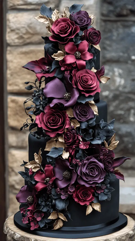 Discover the Moody Florals gothic wedding cake, featuring deep red, purple, and black blooms like cascading roses, dark calla lilies, and purple peonies. Set against sleek black fondant,this lush,romantic design brings an intense,moody elegance to gothic-inspired weddings.