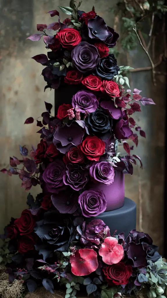 Discover the Moody Florals gothic wedding cake, featuring deep red, purple, and black blooms like cascading roses, dark calla lilies, and purple peonies. Set against sleek black fondant, this lush, romantic design brings an intense, moody elegance to gothic-inspired weddings.