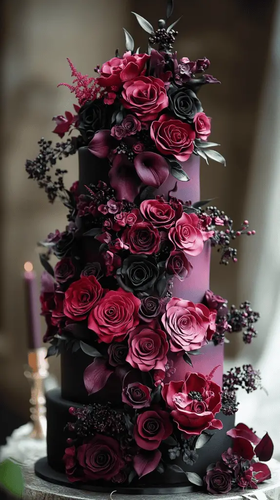 Discover the Moody Florals gothic wedding cake, featuring deep red, purple, and black blooms like cascading roses, dark calla lilies, and purple peonies. Set against sleek black fondant, this lush, romantic design brings an intense, moody elegance to gothic-inspired weddings.
