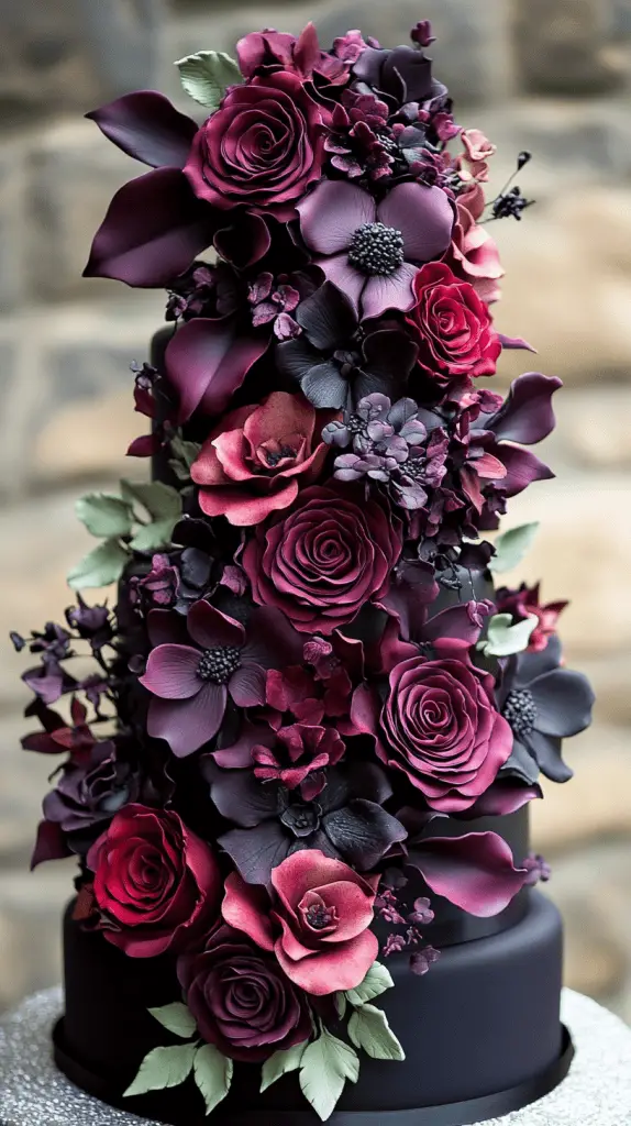 Discover the Moody Florals gothic wedding cake, featuring deep red, purple, and black blooms like cascading roses, dark calla lilies, and purple peonies. Set against sleek black fondant, this lush, romantic design brings an intense, moody elegance to gothic-inspired weddings.