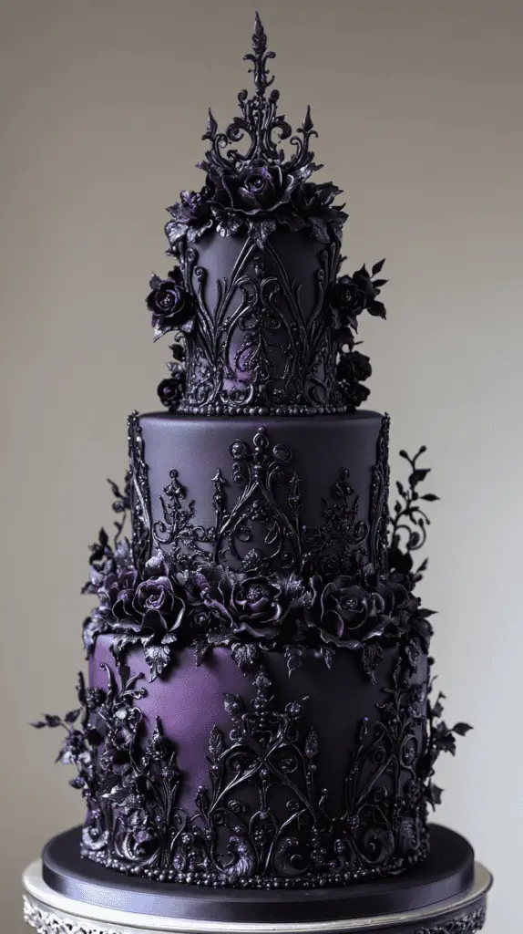 A gothic wedding cake with a striking color palette that combines elegance with an edgy, modern touch. The design features deep, classic tones like black, midnight blue, and dark plum as the base, contrasted with vibrant accents such as crimson, emerald green, or metallic silver.