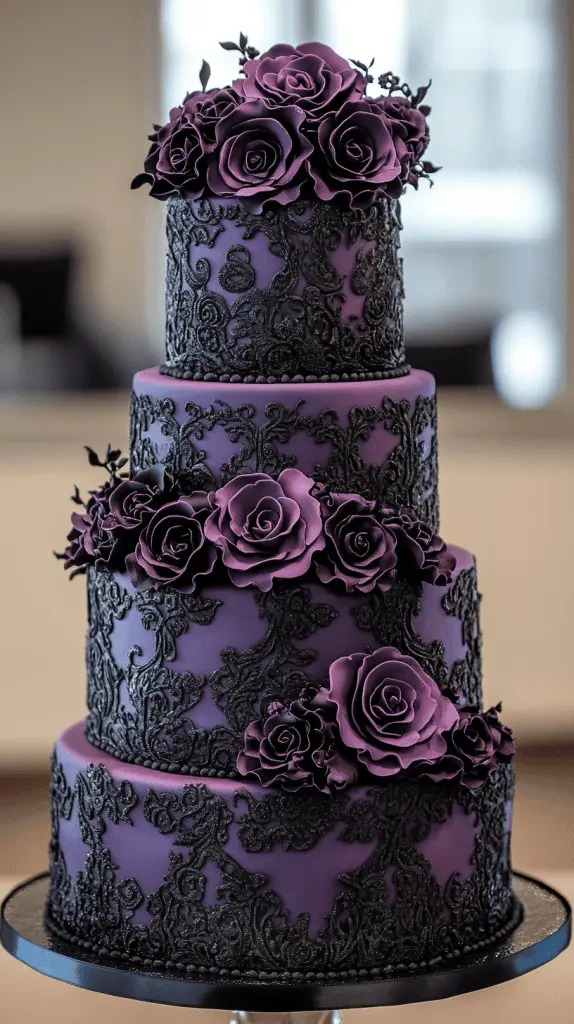 A gothic wedding cake with a striking color palette that combines elegance with an edgy, modern touch. The design features deep, classic tones like black, midnight blue, and dark plum as the base, contrasted with vibrant accents such as crimson, emerald green, or metallic silver.