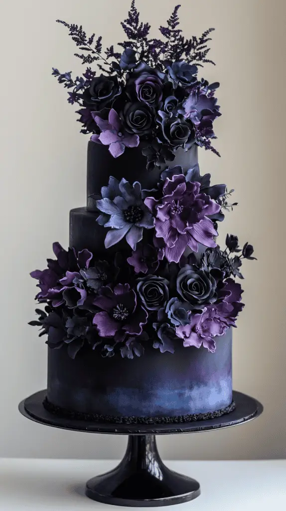 A gothic wedding cake with a striking color palette that combines elegance with an edgy, modern touch. The design features deep, classic tones like black, midnight blue, and dark plum as the base, contrasted with vibrant accents such as crimson, emerald green, or metallic silver.