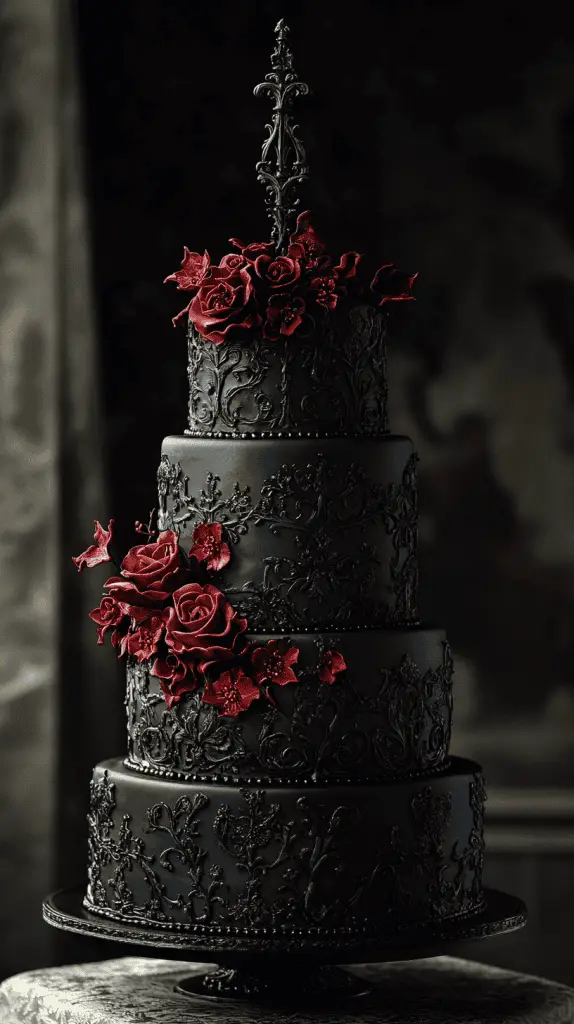 A gothic wedding cake with a striking color palette that combines elegance with an edgy, modern touch. The design features deep, classic tones like black, midnight blue, and dark plum as the base, contrasted with vibrant accents such as crimson, emerald green, or metallic silver.