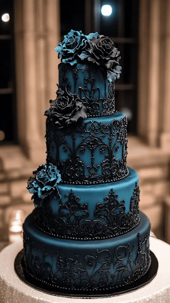 A gothic wedding cake with a striking color palette that combines elegance with an edgy, modern touch. the design features deep, classic tones like black, midnight blue, and dark plum as the base, contrasted with vibrant accents such as crimson, emerald green, or metallic silver.