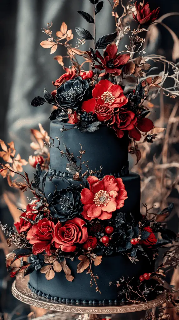 A gothic wedding cake with a striking color palette that combines elegance with an edgy, modern touch.The design features deep, classic tones like black, midnight blue, and dark plum as the base, contrasted with vibrant accents such as crimson, emerald green, or metallic silver.
